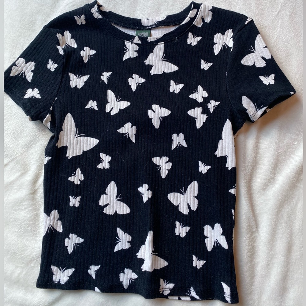 Black Baby Tee with White Butterflies